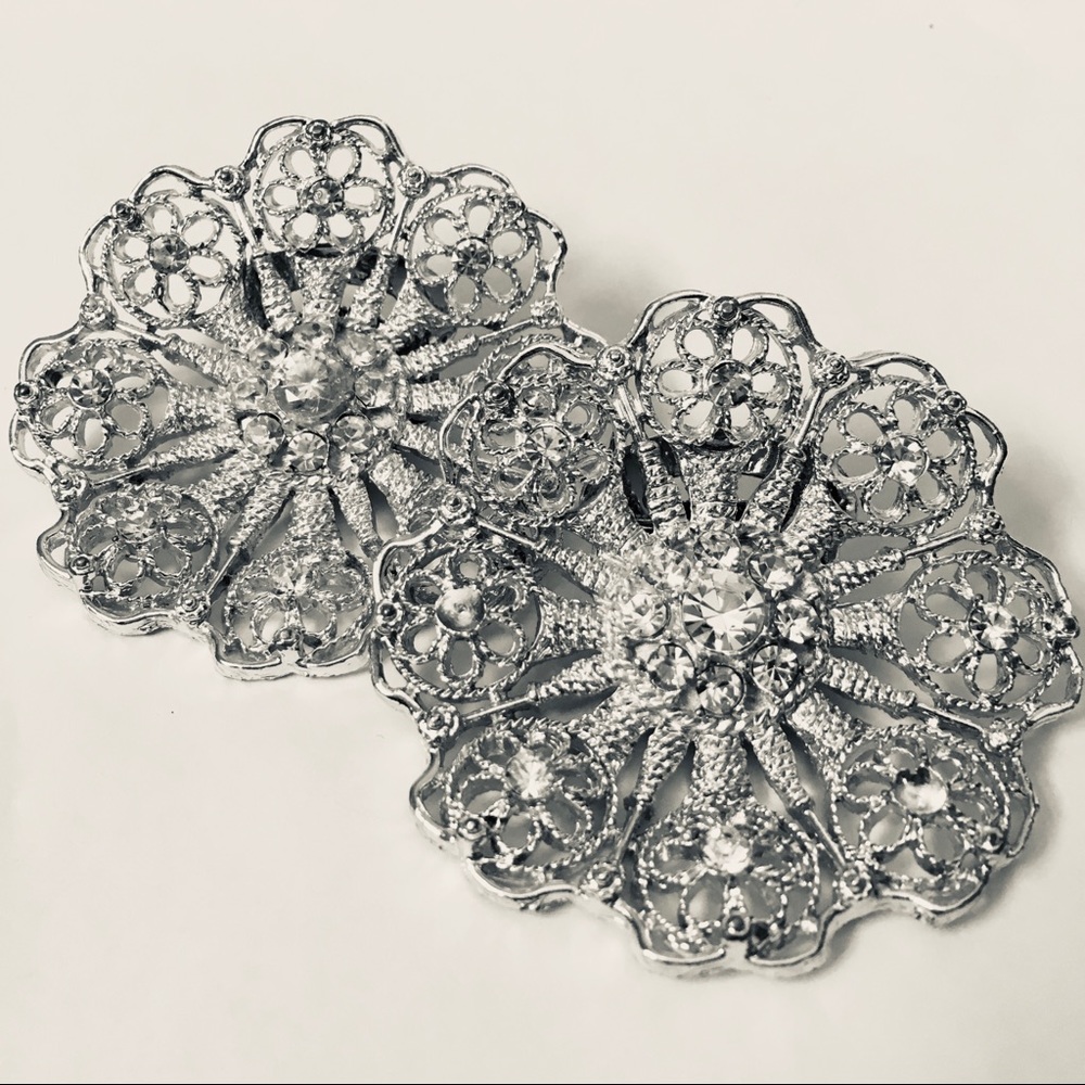 Shoe Clips Silver-tone Rhinestone Vintage Flower